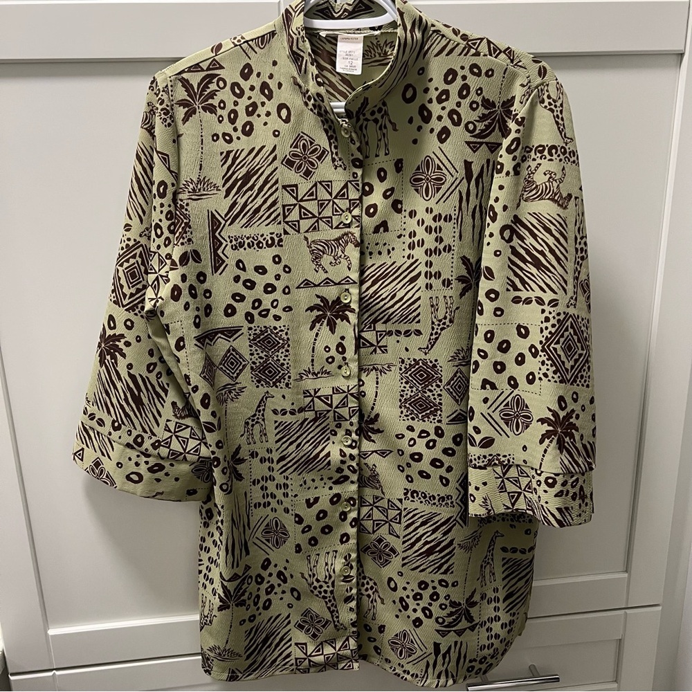 Vintage TRADITION Green and Brown Safari Patterned Button-Up Shirt | Size 12 WMN